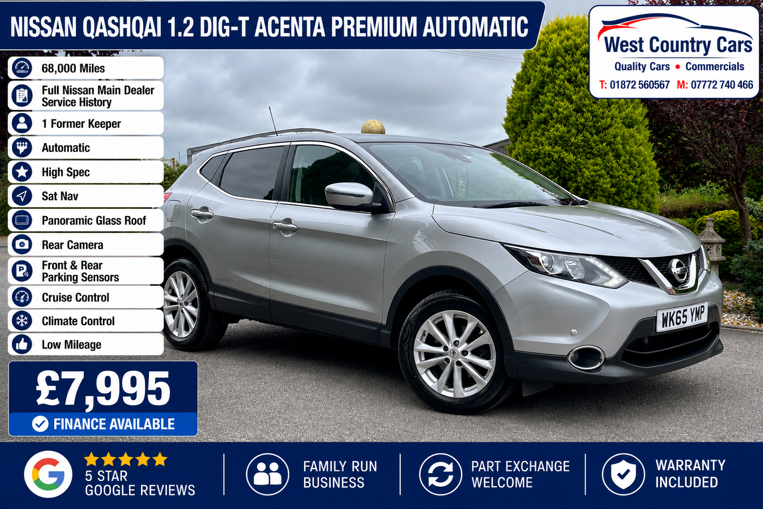 2015 Nissan Qashqai 1.2 DIG-T Automatic Acenta Premium-£7,995/ 68,000 Miles/ Full Nissan Main Dealer Service History/ 1 Former Keeper/ Rare Automatic/ Used Cars Truro