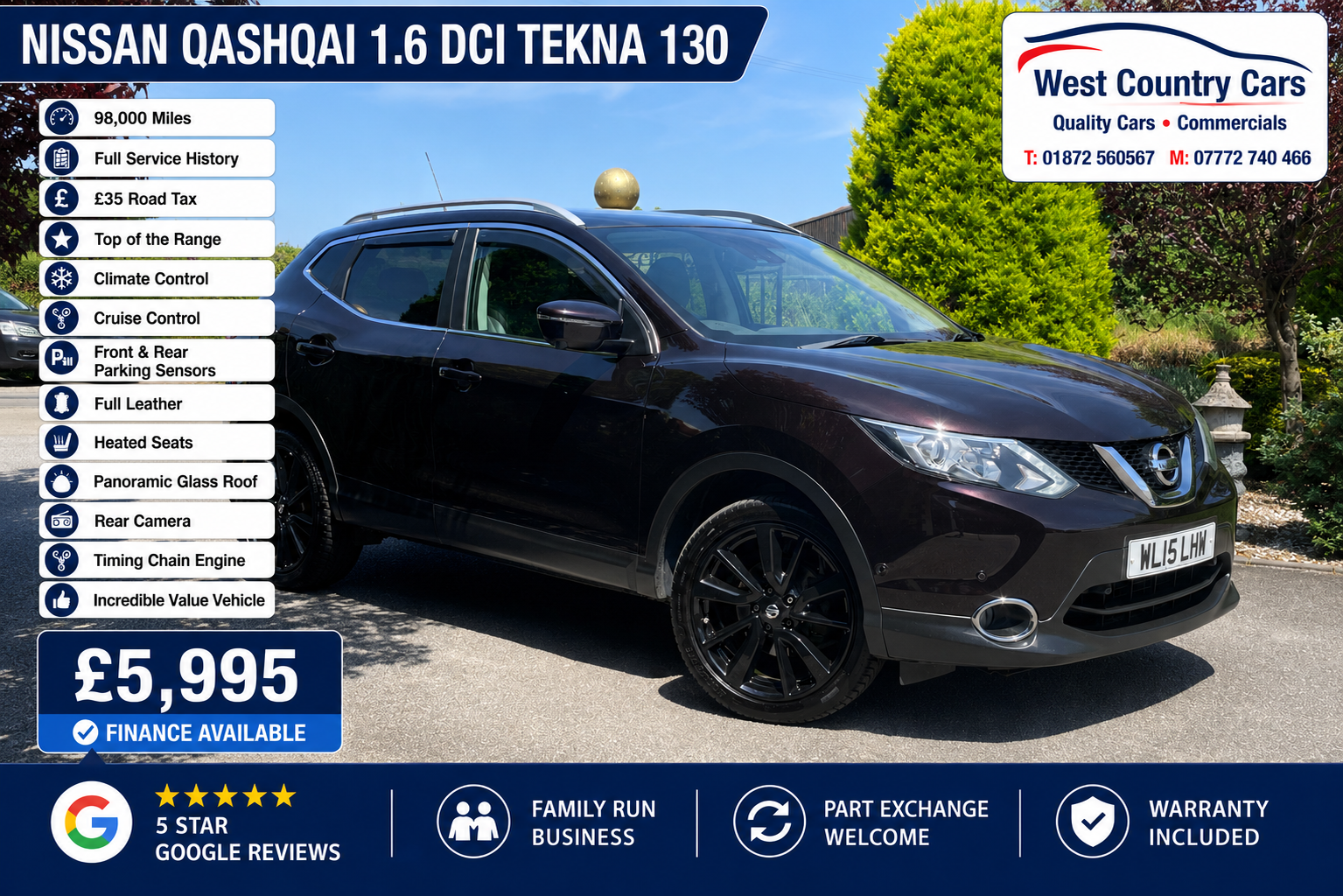 2015 Nissan Qashqai 1.6 DCI 130 Tekna-£5,995/ £35 Tax/ Full Service History/ Top Of The Range/ Value Vehicle/ Used Cars Truro