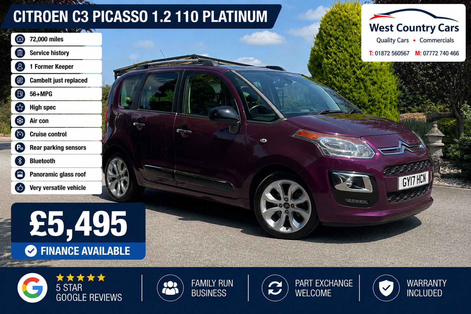 2017 Citroen C3 Picasso 1.2 110 Platinum-£5,495/ 72,000 Miles/ Service History/ Cambelt Replaced/ 1 Former Keeper/ Versatile Vehicle/ Used Cars Truro