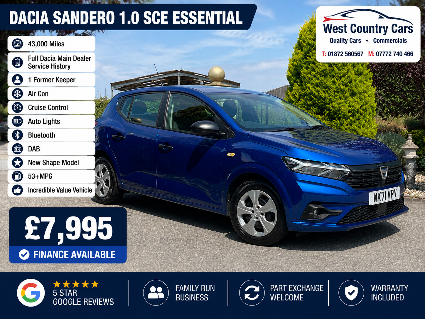 2021 Dacia Sandero 1.0 SCE Essential-£7,995/ 43,000 Miles/ Full Dacia Main Dealer History/ 1 Former Keeper/ Incredible Value/ Used Cars Truro