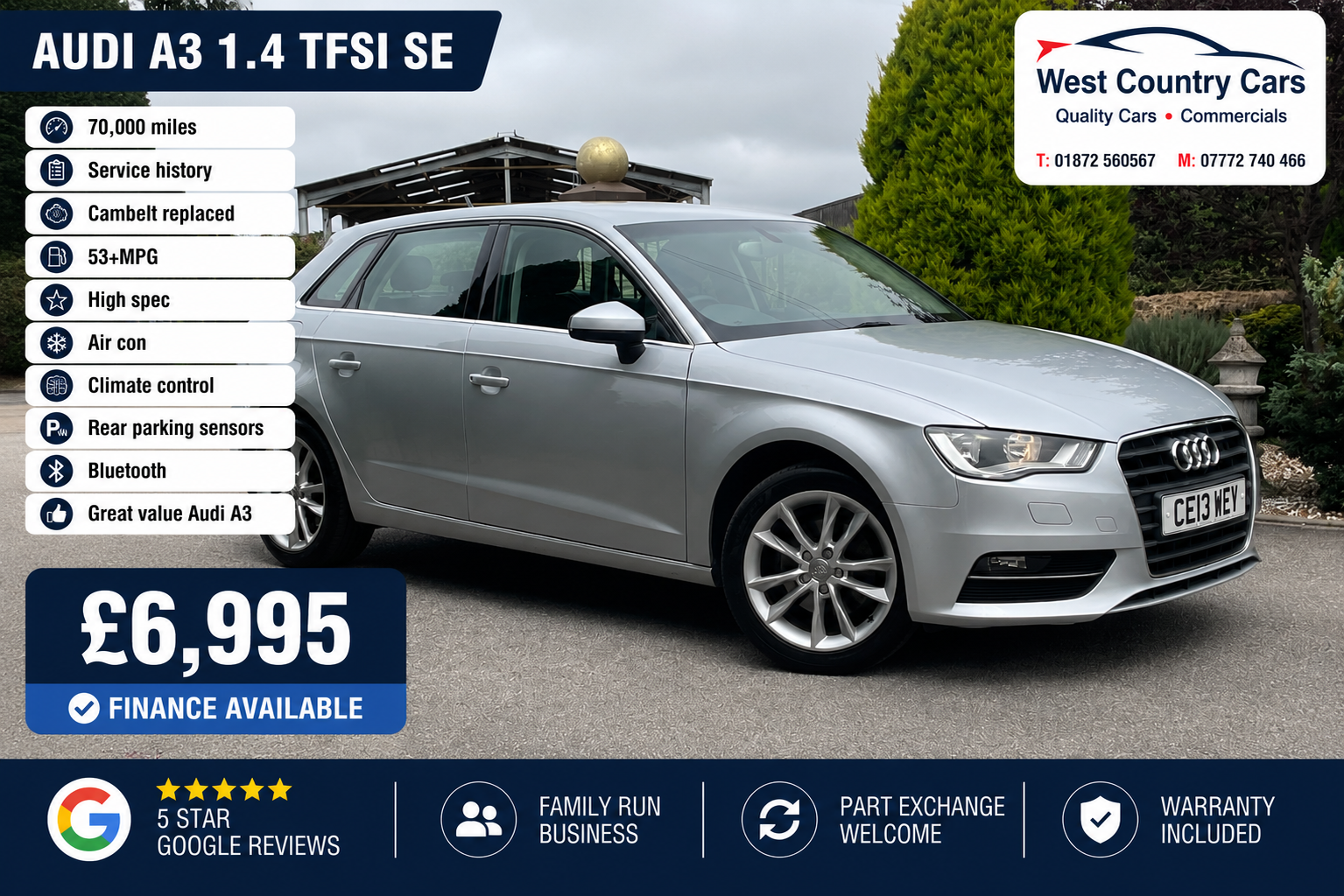 2013 Audi A3 1.4 TFSI SE-£6,995/ 70,000 Miles/ Service History/ Cambelt Replaced/ Value Audi A3/ Used Cars Truro