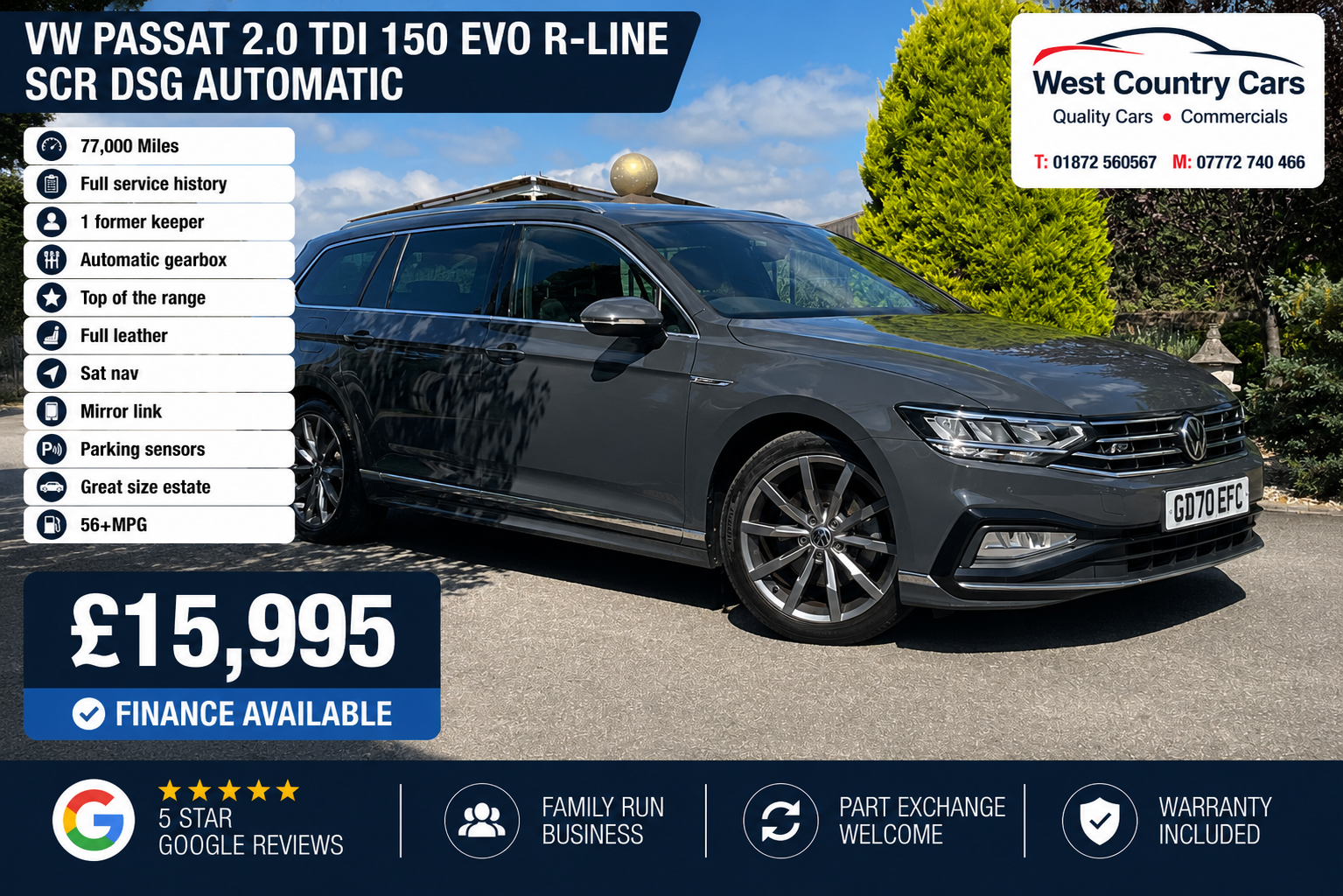 2020 VW Passat 2.0 TDI 150 EVO R-Line SCR DSG Automatic Estate-£15,995/ 77,000 Miles/ Full Service History/ 1 Former Keeper/ Top Of The Range/ Used Cars Truro