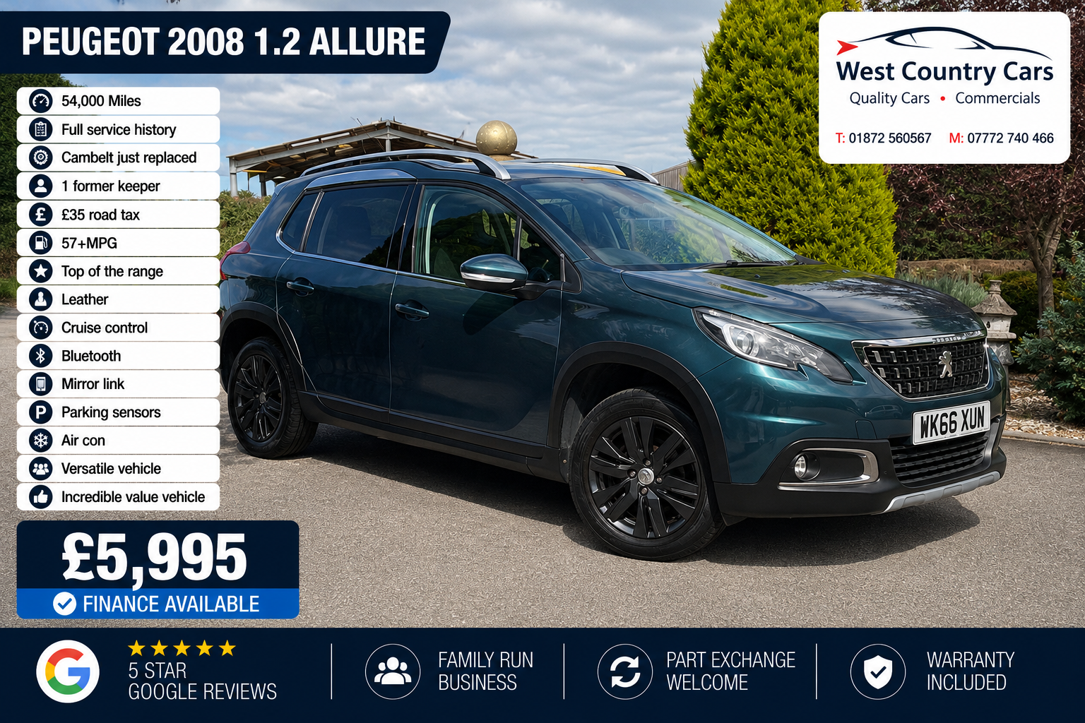 2016 Peugeot 2008 1.2 Allure-£5,995/ 54,000 Miles/ Full Service History/ 1 Former Keeper/ £35 Road Tax/ Used Cars Truro