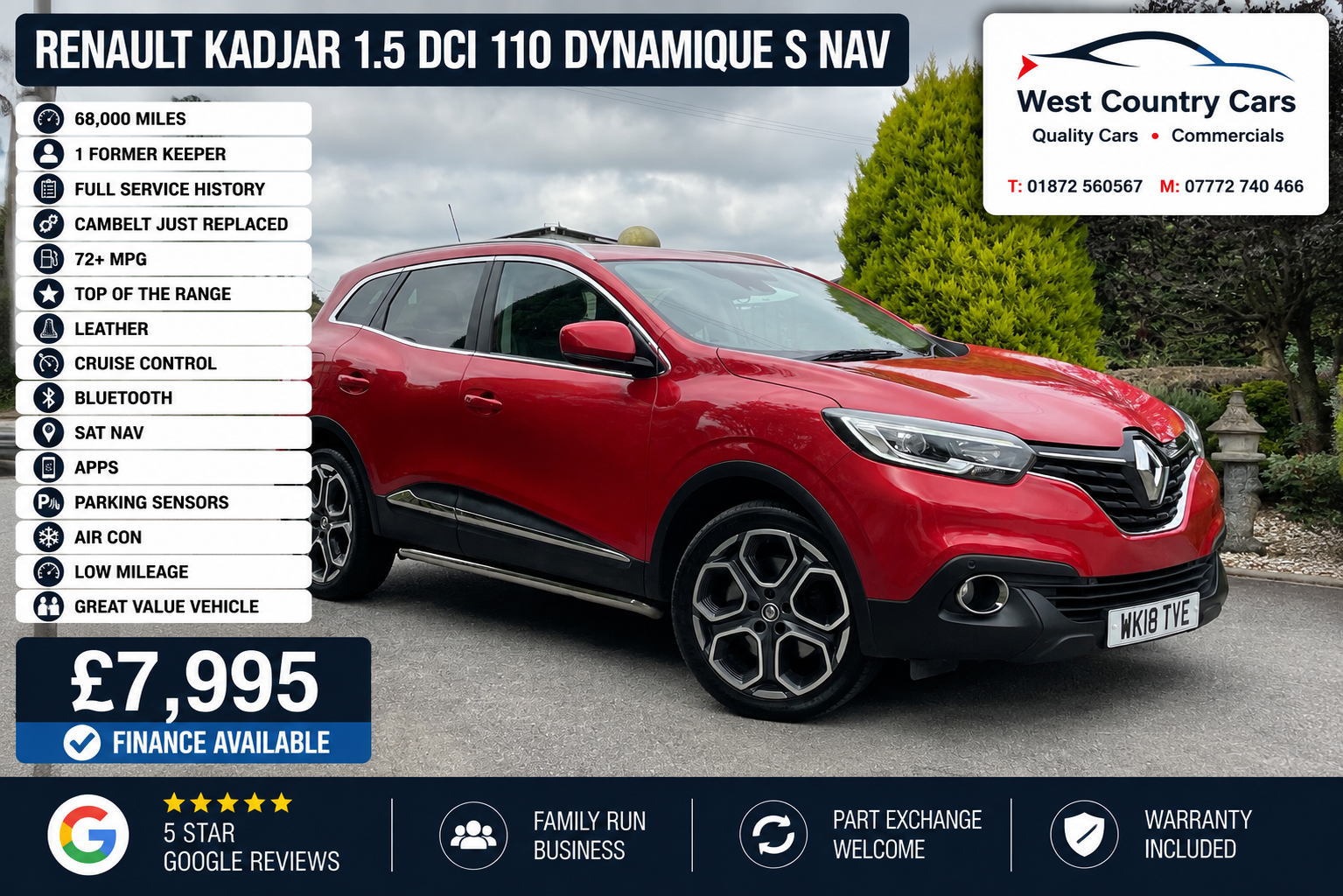 2018 Renault Kadjar 1.5 DCI 110 Dynamique S Nav-£7,995/ 68,000 Miles/ Full Service History/ Cambelt Replaced/ 1 Former Keeper/ Used Cars Truro