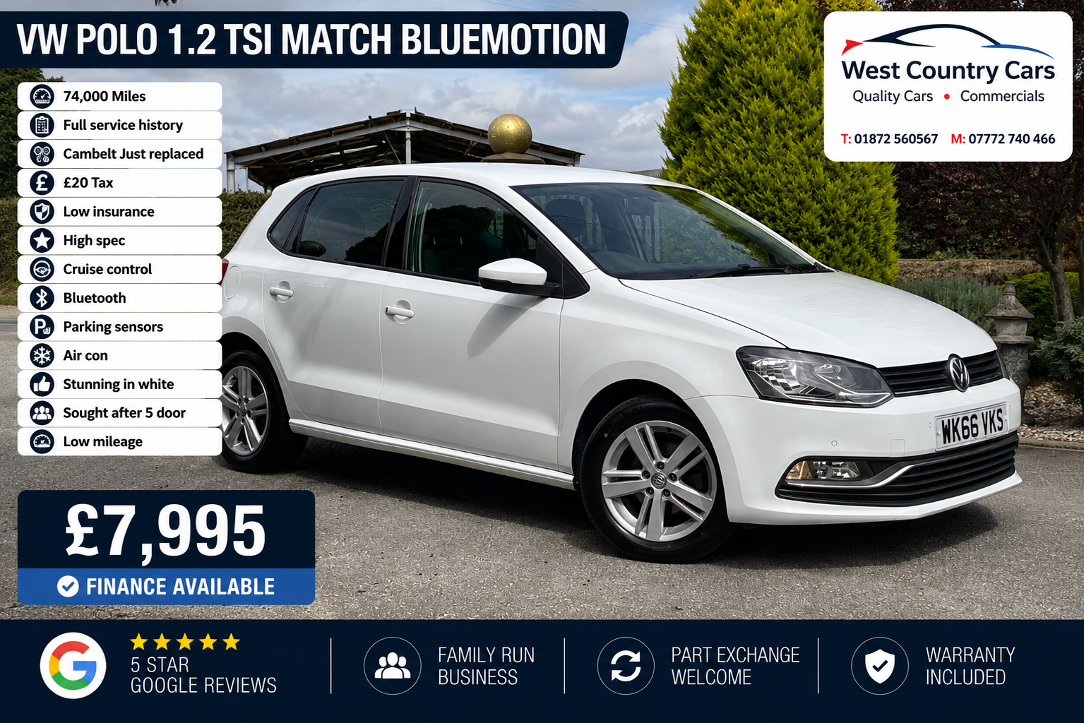 2016 VW Polo 1.2 TSI Match Bluemotion-£7,995/ 74,000 Miles/ Full Service History/ £20 Road Tax/ Cambelt Replaced/ Used Cars Truro