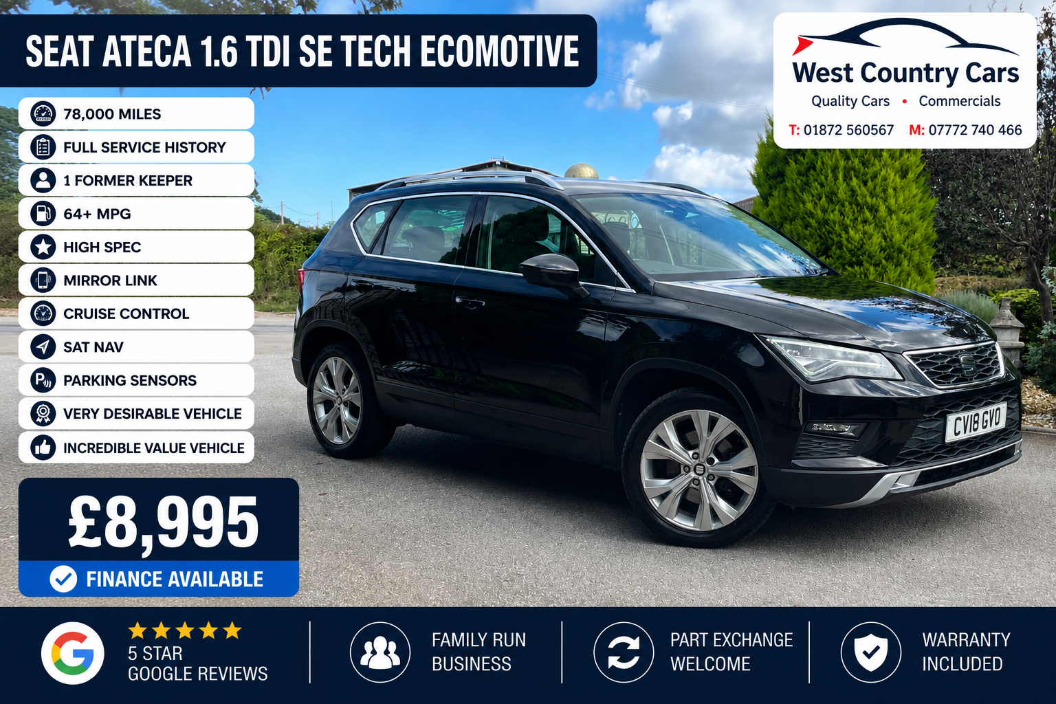 2018 Seat Ateca 1.6 TDI 115 SE Tech Ecomotive/ 78,000 Miles/ Full Service History/ 1 Former Keeper/ 64+MPG/ Used Cars Truro