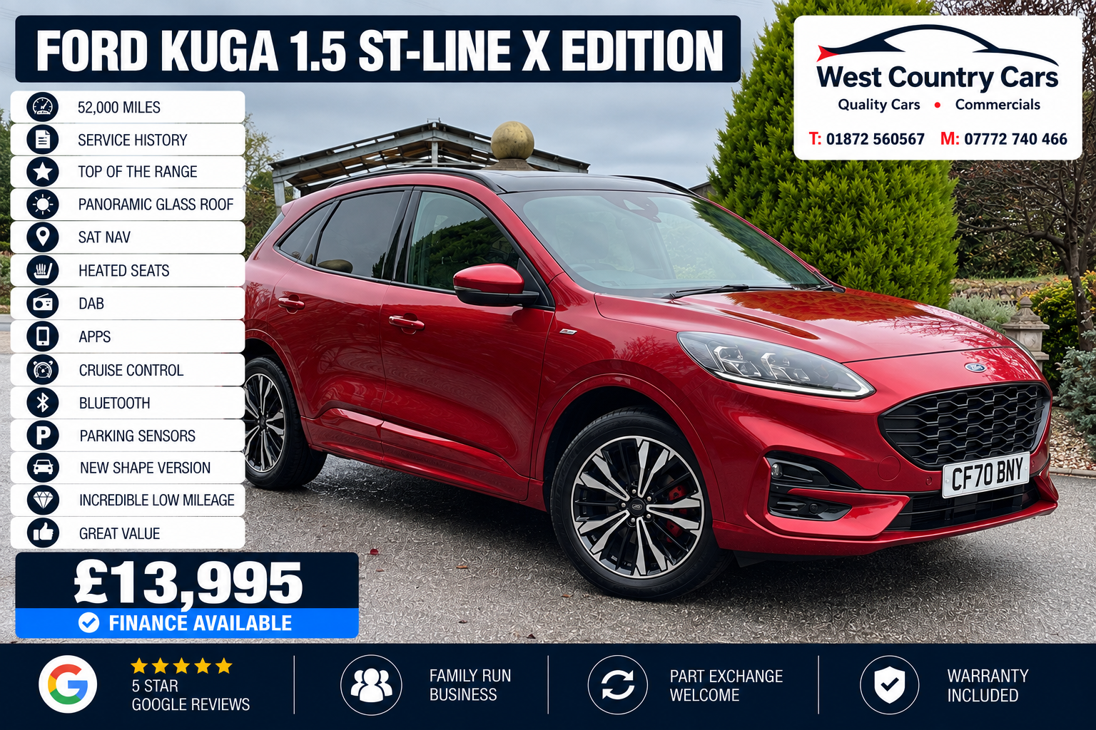 2021 Ford Kuga 1.5 ST-Line X Edition-£13,995/ 52,000 Miles/ Service History/ New Shape/ Top Of The Range/ Used Cars Truro