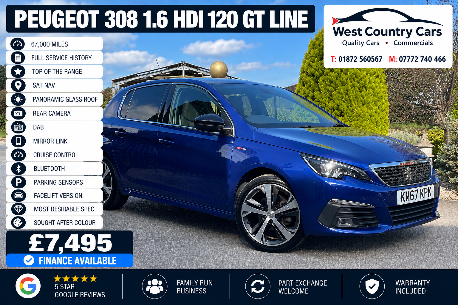 2017 Peugeot 308 1.6 HDI 120 GT Line-£7,495/ 67,000 Miles/ Full Service History/ Cambelt Replaced/ Top Of The Range/ 74+MPG/ Used Cars Truro