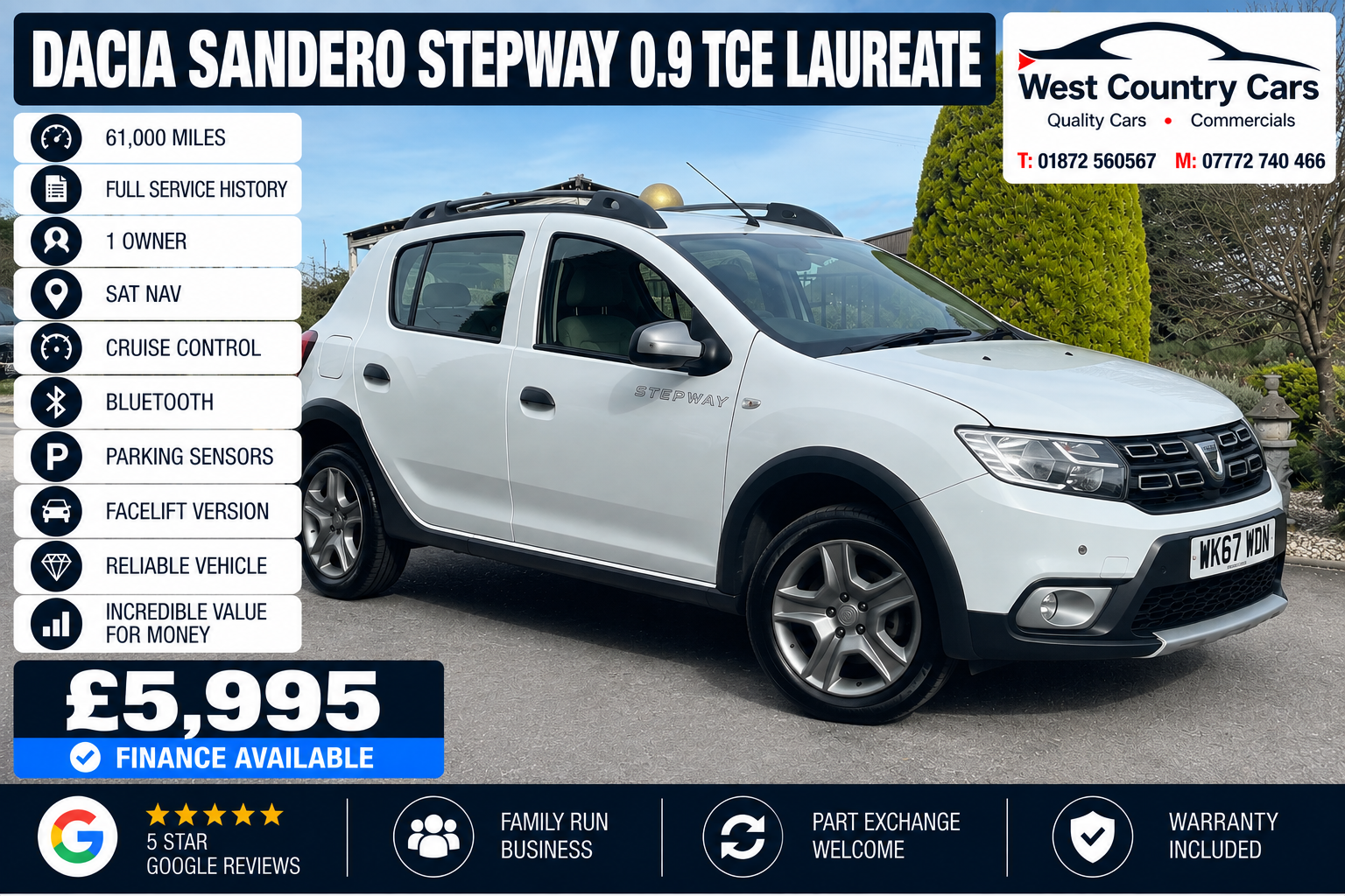 2017 Dacia Sandero Stepway 0.9 TCE Laureate-£5,995/ 61,000 Miles/ Full Service History/ 1 Owner/ Incredible Value Vehicle/ Used Cars Truro