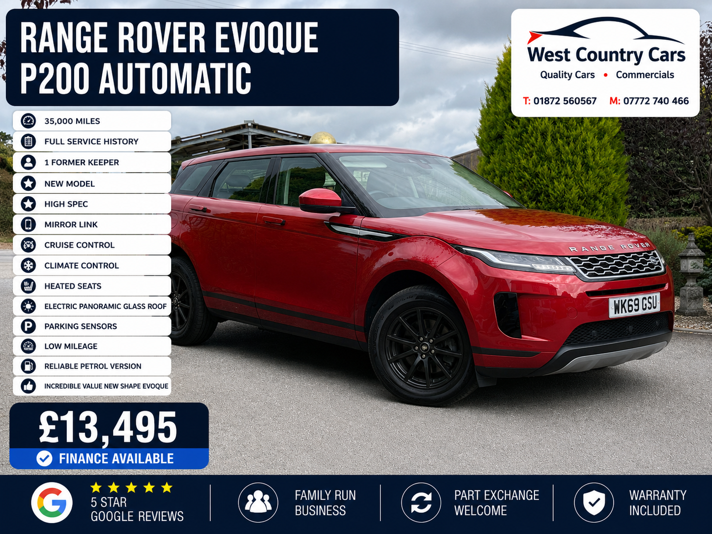 2019 Land Rover Range Rover Evoque P200 Automatic-£13,495/ 35,000 Miles/ Full Service History/ 1 Former Keeper/ New Model/ Used Cars Truro