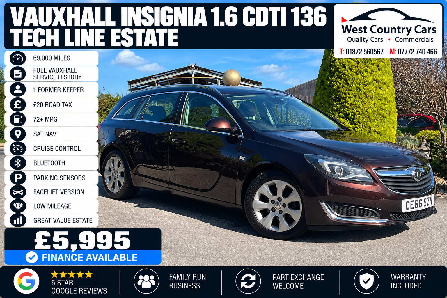 2016 Vauxhall Insignia 1.6 CDTI 136 Tech Line Estate-£5,995/ 69,000 Miles/ Full Vauxhall History/ 1 Former Keeper/ £20 Tax/ Used Cars Truro