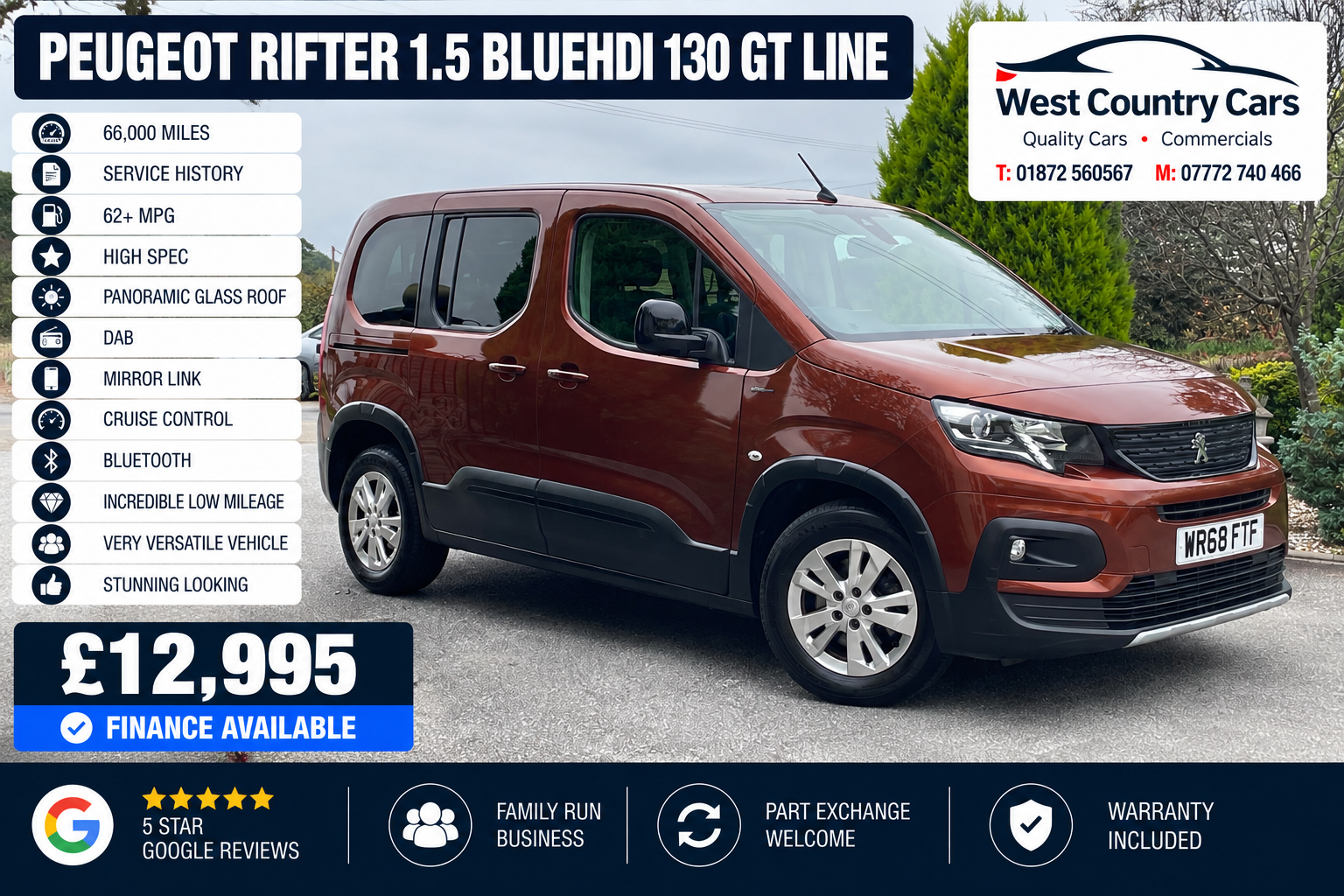 2018 Peugeot Rifter 1.5 BlueHDI 130 GT Line-£12,995/ 66,000 Miles/ Service History/ Top Of The Range/ Used Cars Truro