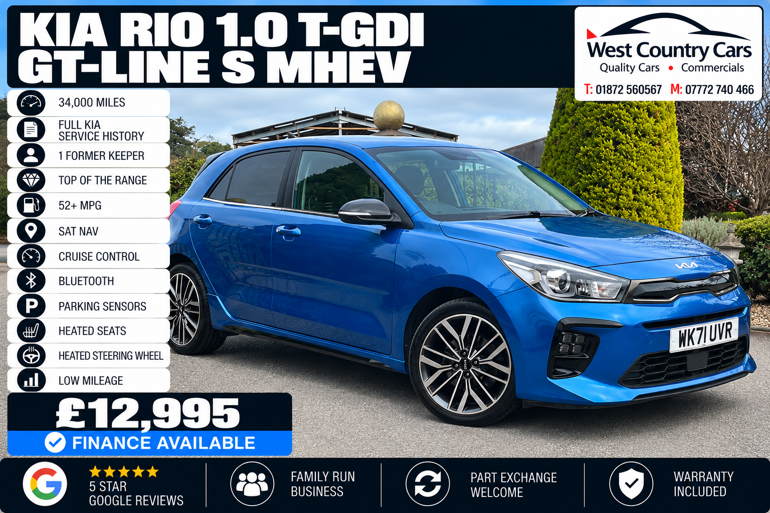 2021 Kia Rio 1.0T-GDI GT-Line S MHEV-£12,995/ 34,000 Miles/ Full Kia History/ 1 Former Keeper/ Top Of The Range/ Used Cars Truro