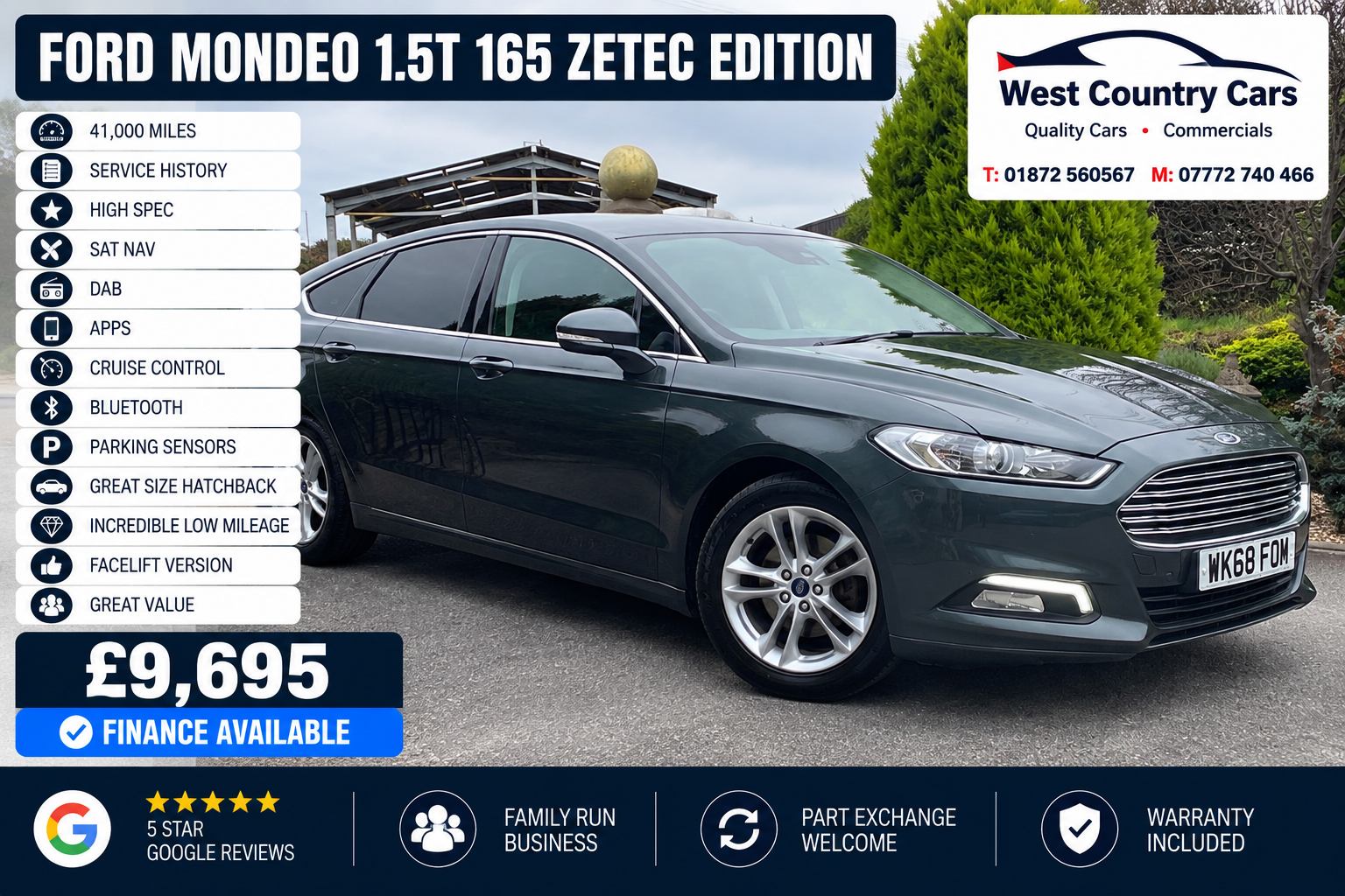2018 Ford Mondeo 1.5T 165 Zetec Edition-£9,695/ 41,000 Miles/ Service History/ High Spec/ Incredible Low Miles/ Used Cars Truro