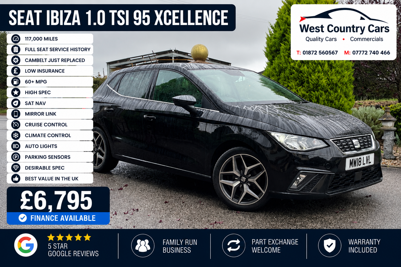 2018 Seat Ibiza 1.0 TSI 95 Xcellence-£6,795/ Full Seat Main Dealer History/ Cambelt Just Replaced/ Best Value In The Uk/ Used Cars Truro