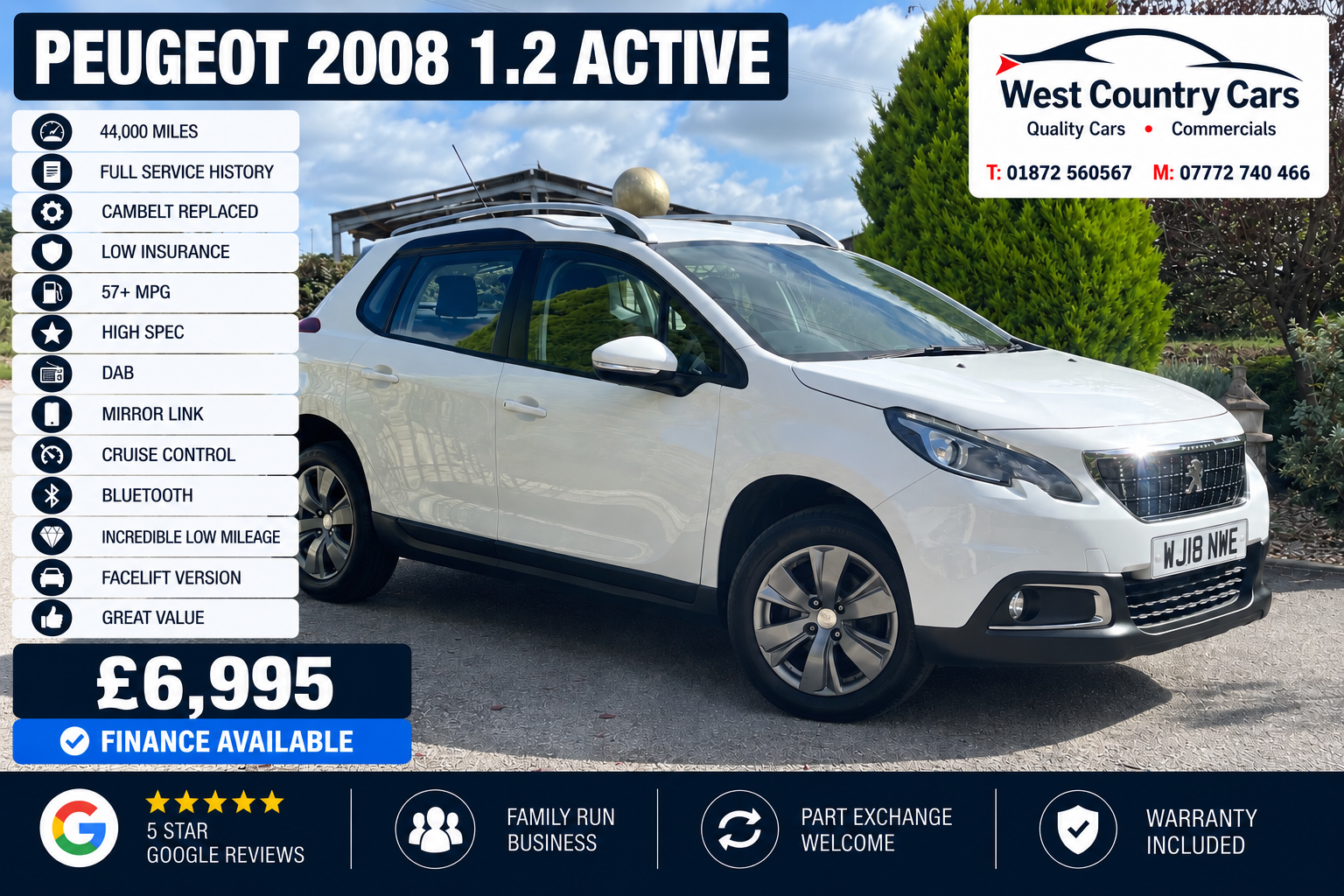 2018 Peugeot 2008 1.2 Active-£6,995/ 44,000 Miles/ Full Service History/ Cambelt Replaced/ Low Mileage/ Used Cars Truro