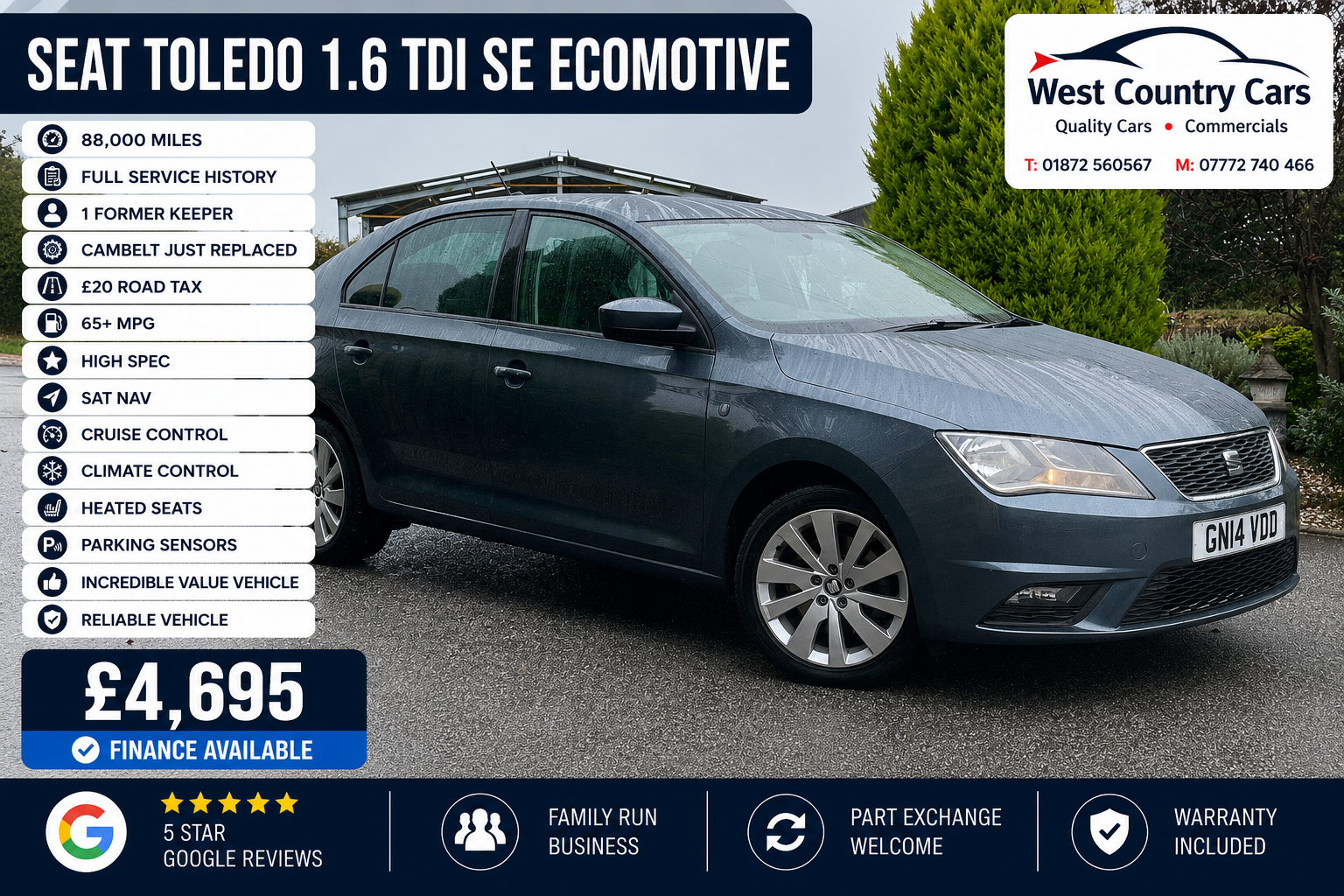2014 Seat Toledo 1.6 TDI SE Ecomotive-£4,695/ 88,000 Miles/ Full Service History/ 1 Former Keeper/ £20 Tax/ Cambelt Replaced/ Used Cars Truro