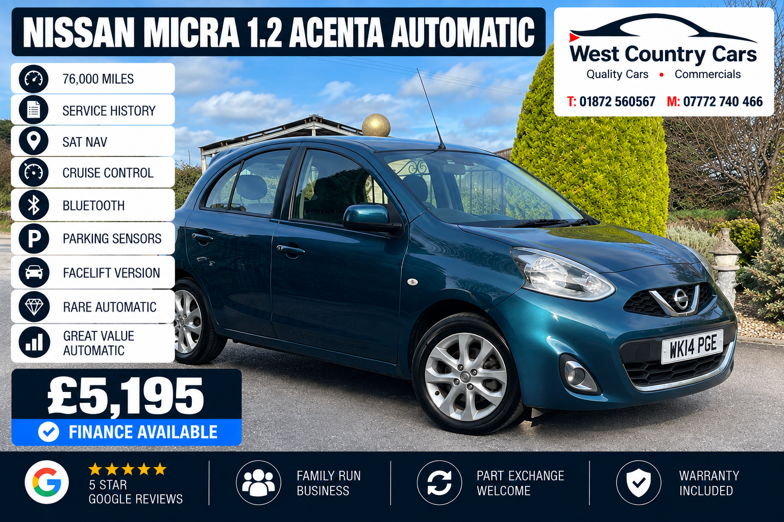 2014 Nissan Micra 1.2 Acenta Automatic-£5,195/ 76,000 Miles/ Service History/ High Spec/ Great Value Automatic/ Used Cars Truro
