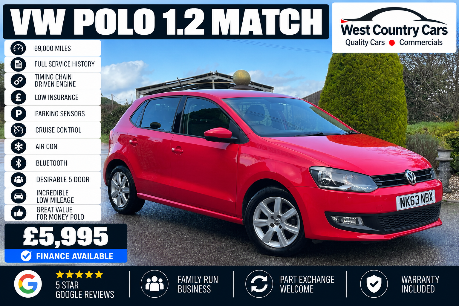 2013 VW Polo 1.2 Match-£5,995/ 69,000 Miles/ Full Service History/ High Spec/ Low Insurance/ Incredible Low Miles/ Used Cars Truro