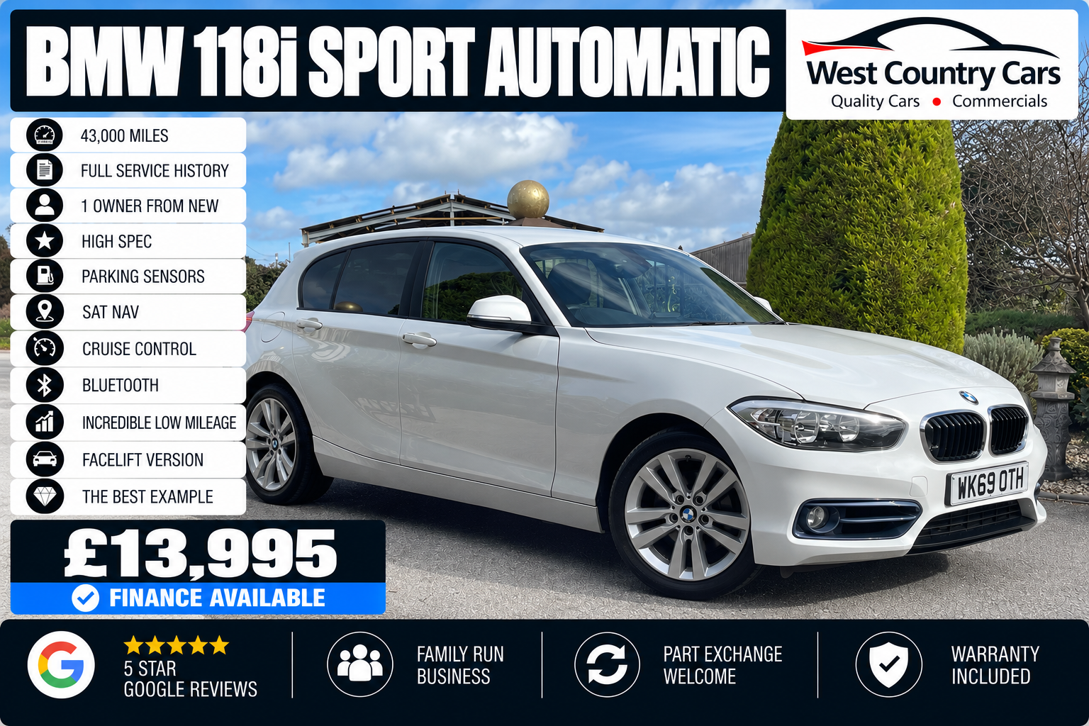 2019 BMW 118i Sport Automatic-£13,995/ 43,000 Miles/ 1 Owner/ Full Service History/ Automatic/ The Best Example/ Used Cars Truro