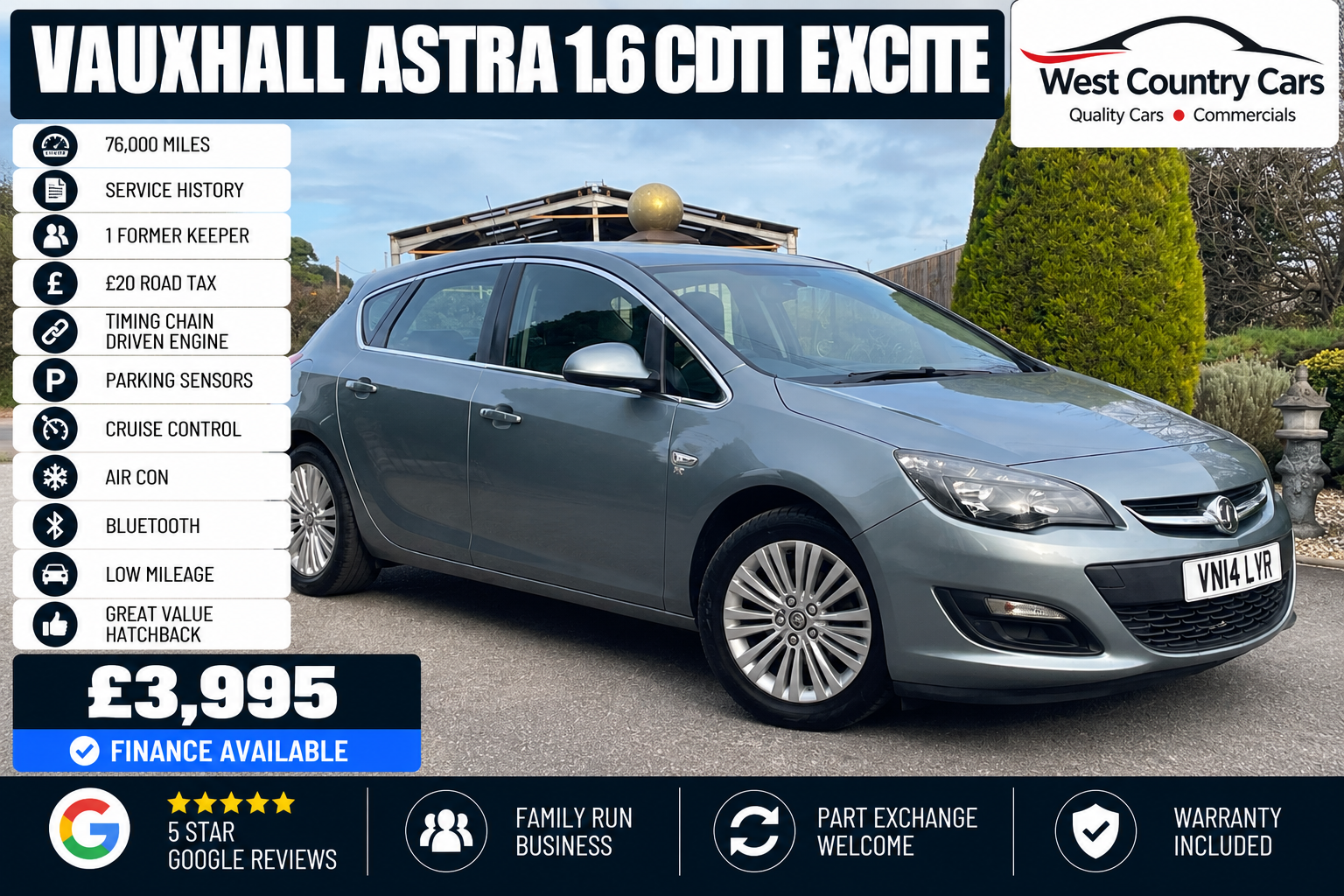 2014 Vauxhall Astra 1.6 CDTI Excite-£3,995/ 76,000 Miles/ Service History/ 1 Former Keeper/ £20 Tax/ Great Value Vehicle/ Used Cars Truro