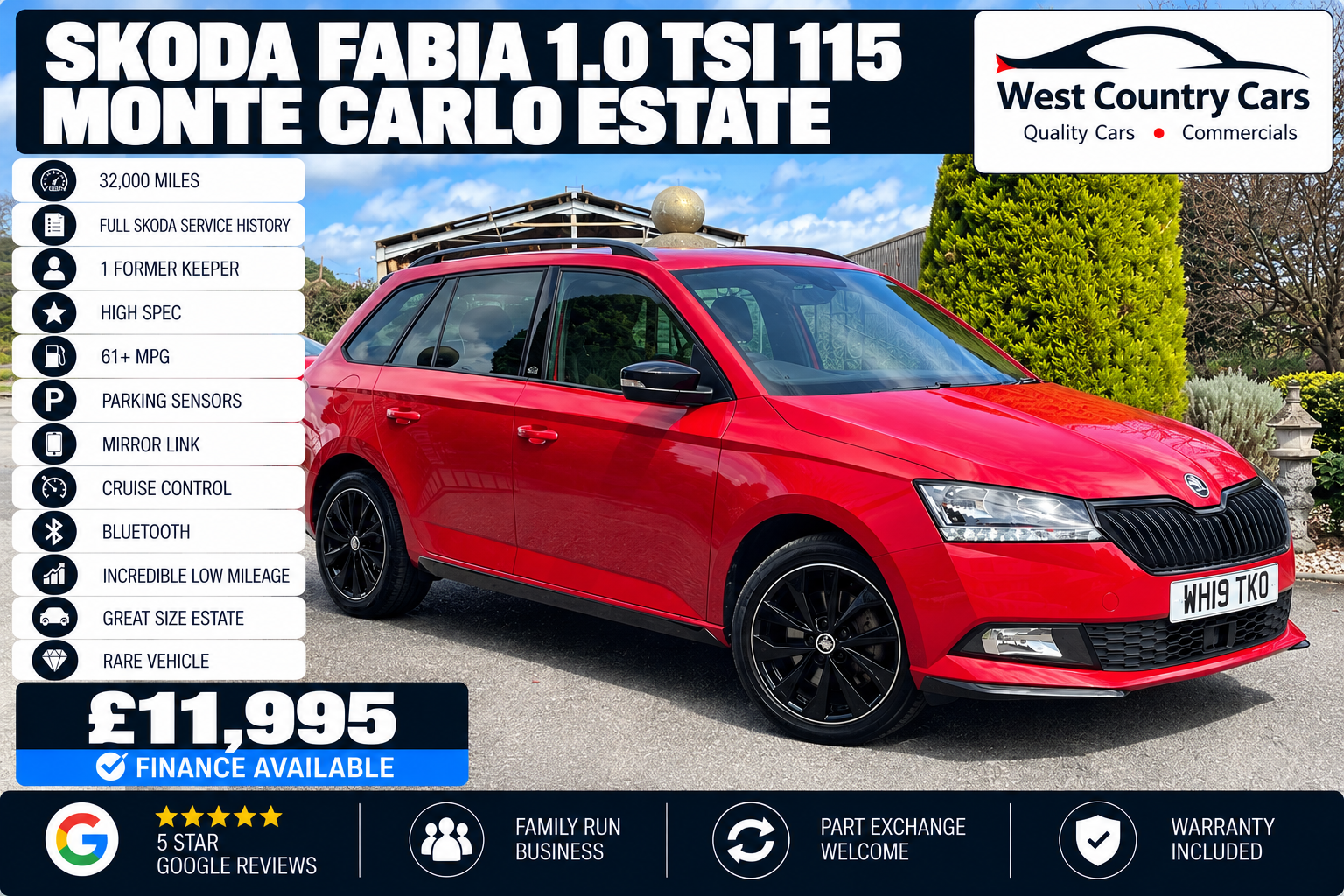 2019 Skoda Fabia 1.0 TSI 115 Monte Carlo Estate-£11,995/ 32,000 Miles/ Full Skoda History/ 1 Former Keeper/ Rare Estate/ Incredible Miles/ Used Cars Truro