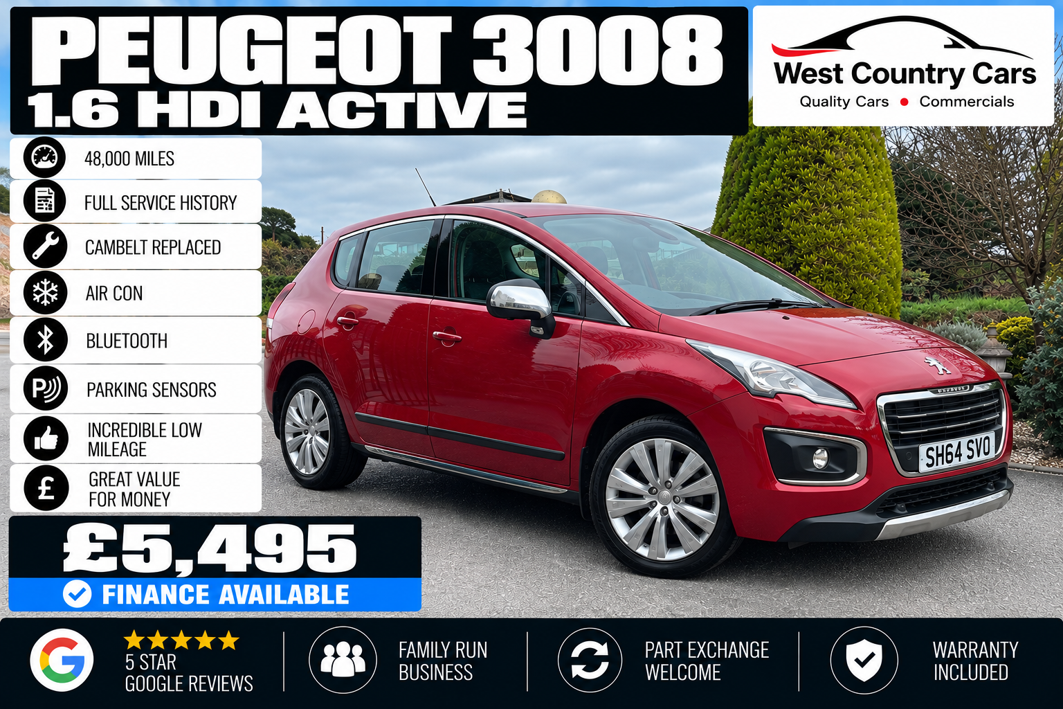 2014 Peugeot 3008 1.6 HDI Active-£5,495/ 48,000 Miles/ Full Service History/ Cambelt Replaced/ The Best Example/ Incredible Low Miles/ Used Cars Truro