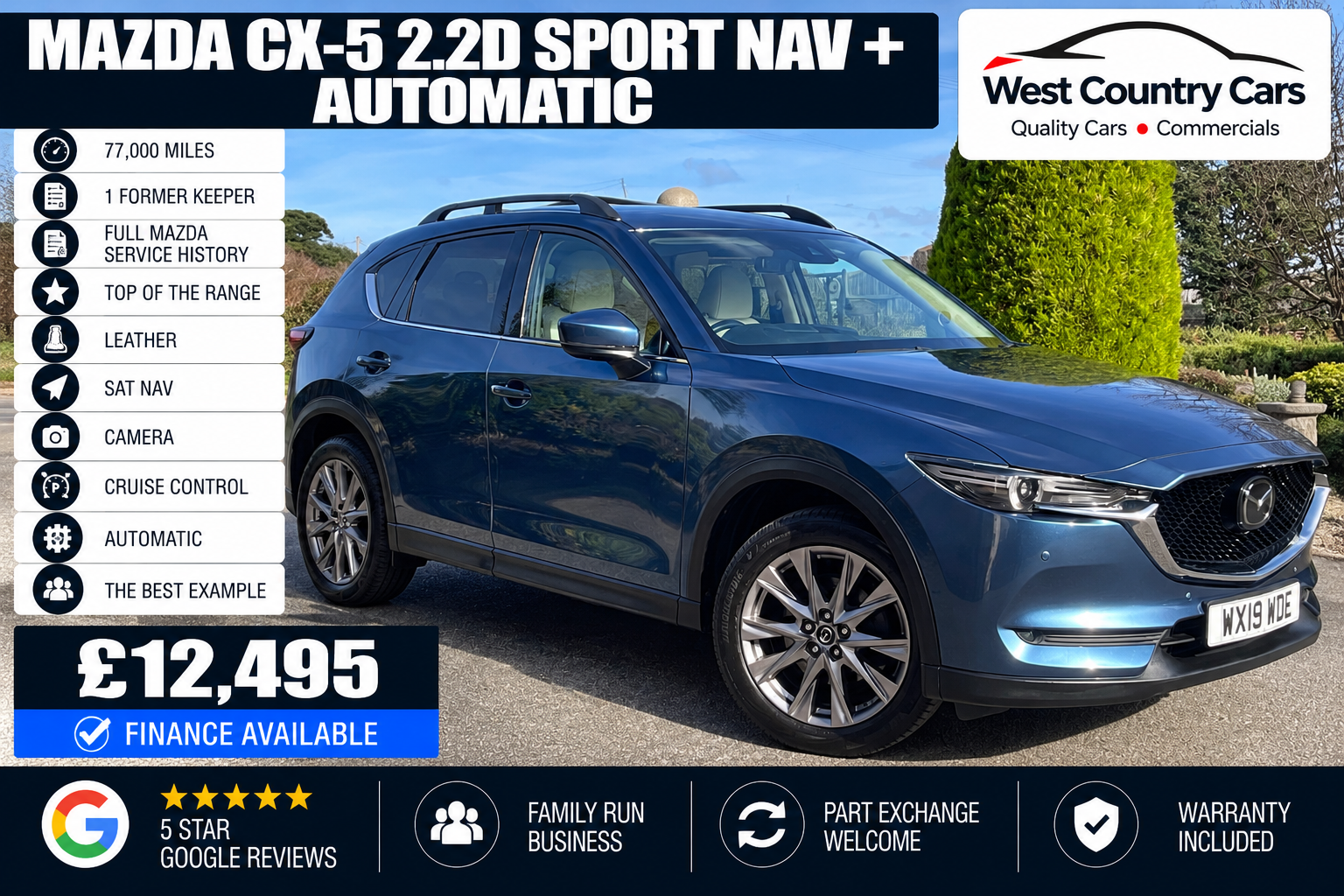 2019 Mazda CX-5 2.2D Sport Nav + Automatic-£12,495/ 77,000 Miles/ Full Mazda History/ 1 Former Keeper/ Top Of The Range/ Automatic/ Used Cars Truro