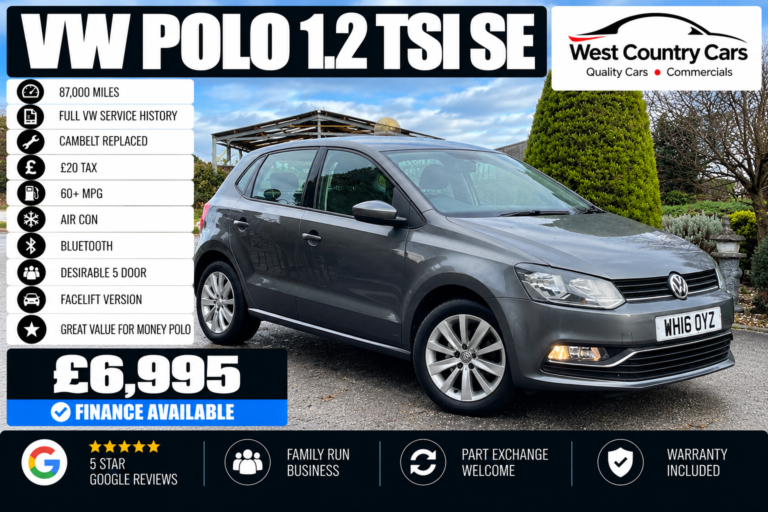 2016 VW Polo 1.2 TSI SE-£6,995/ 87,000 Miles/ Full VW History/ Cambelt Replaced/ £20 Tax/ Great Value Polo/ Used Cars Truro