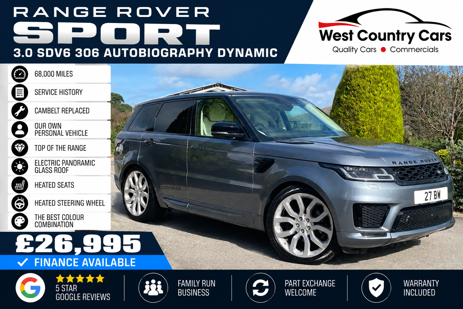 2018 Range Rover Sport 3.0 SDV6 Autobiography Dynamic-£26,995/ 68,000 Miles/ Service History/ Cambelt Replaced/ Top Of The Range/ Our Personal Vehicle/ Used Cars Truro