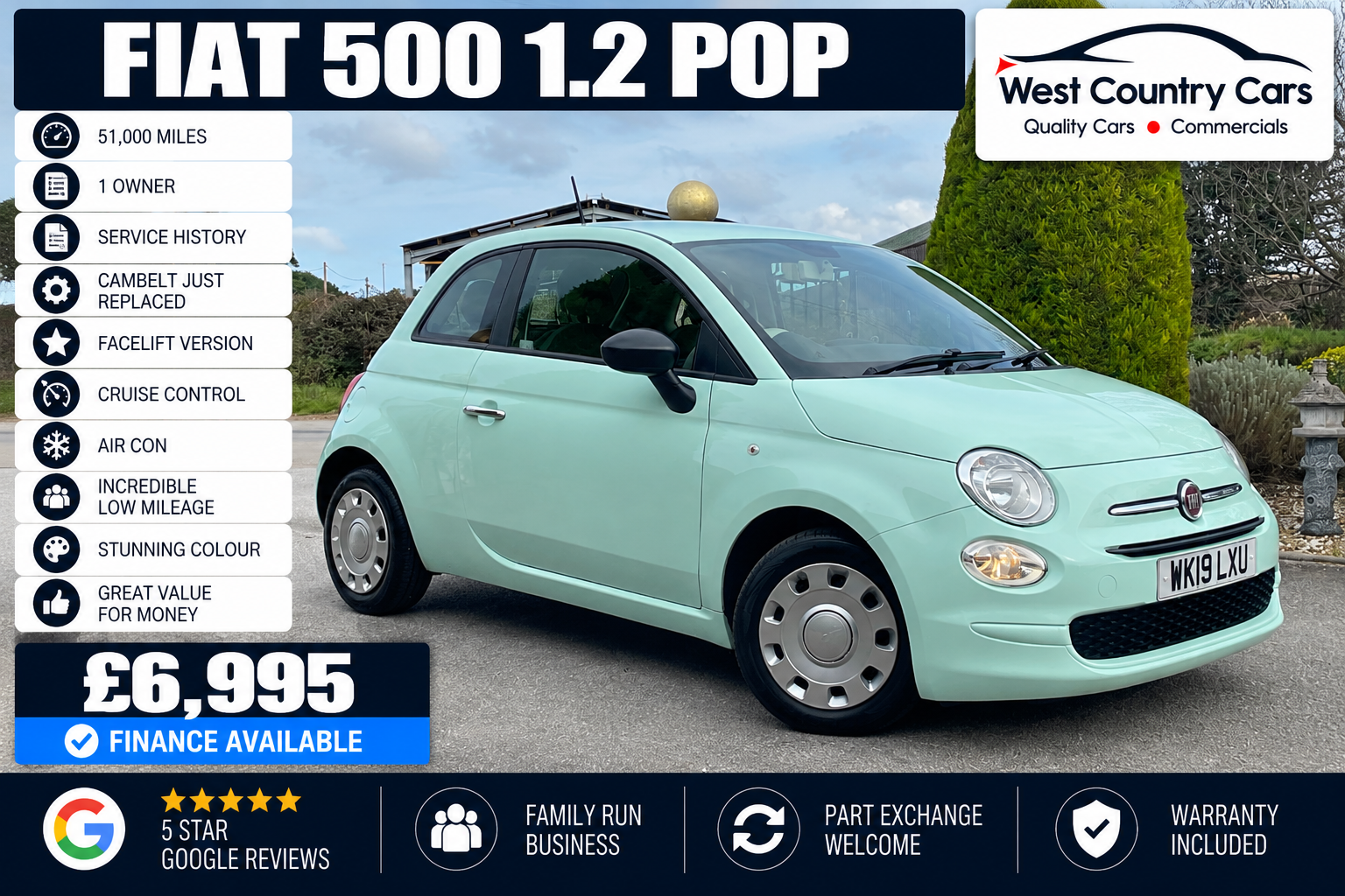 2019 Fiat 500 1.2 Pop-£6,995/ 51,000 Miles/ 1 Owner/ Service History/ Cambelt Replaced/ Stunning Colour/ Used Cars Truro