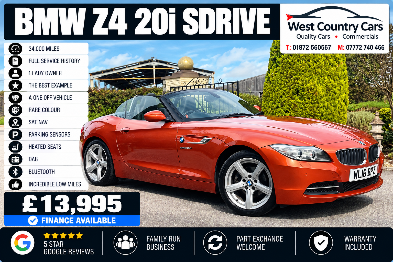 2016 BMW Z4 20i Sdrive-£13,995/ 34,000 Miles/ 1 Lady Owner/ Full Service History/ A One Off Car/ Used Cars Truro