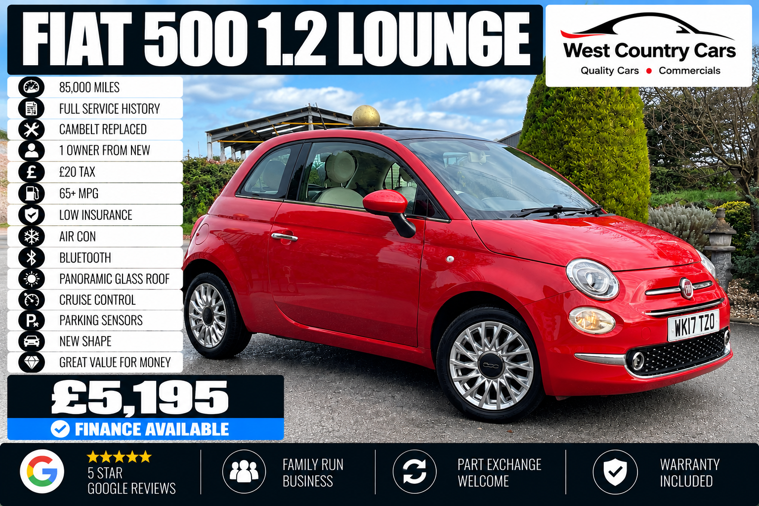 2017 Fiat 500 1.2 Lounge-£5,195/ 85,000 Miles/ 1 Owner/ Full Service History/ Cambelt Replaced/ £20 Tax/ Used Cars Truro